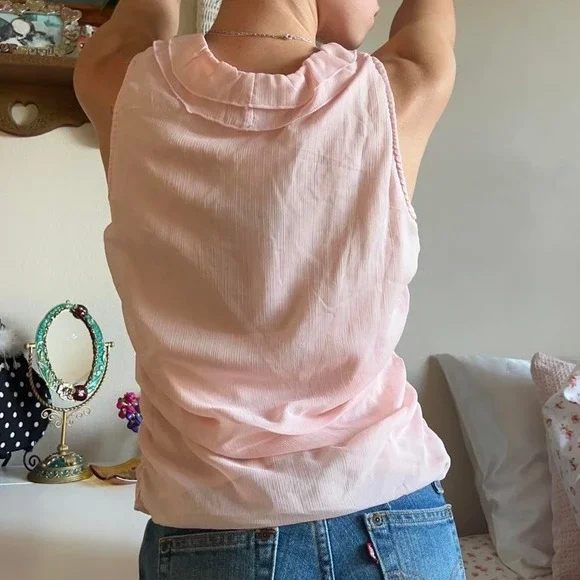 Pink Unique Ruffle Button Up Tank Top - Picture 3 of 4